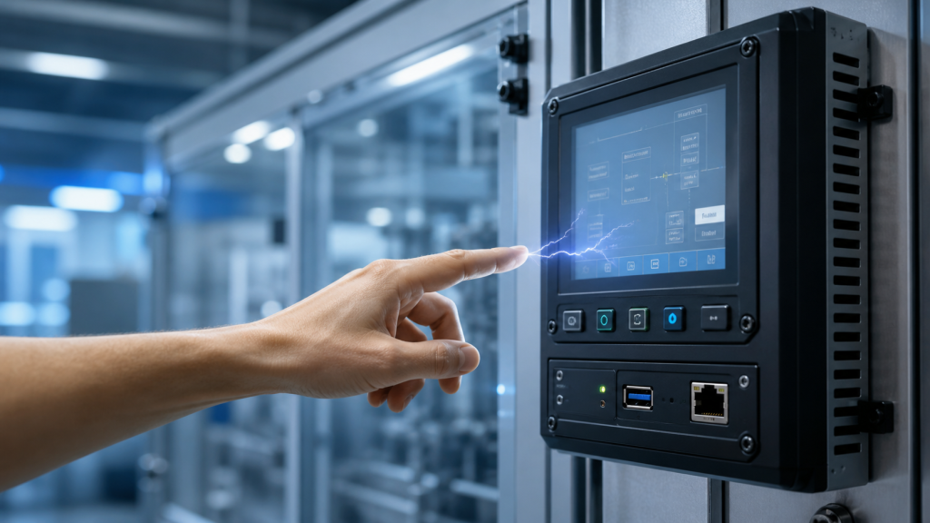 Mano di un operatore che tocca un pannello di controllo industriale con display, pulsanti, porta USB ed Ethernet, mentre una scarica elettrostatica raggiunge l’interfaccia del dispositivo.