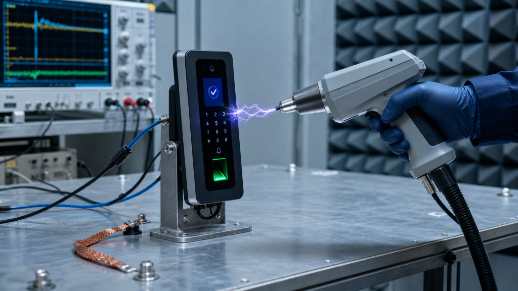 Tecnico in laboratorio EMC che applica una scarica elettrostatica con pistola ESD su un terminale elettronico in prova, collegato a cablaggi e strumenti di misura.